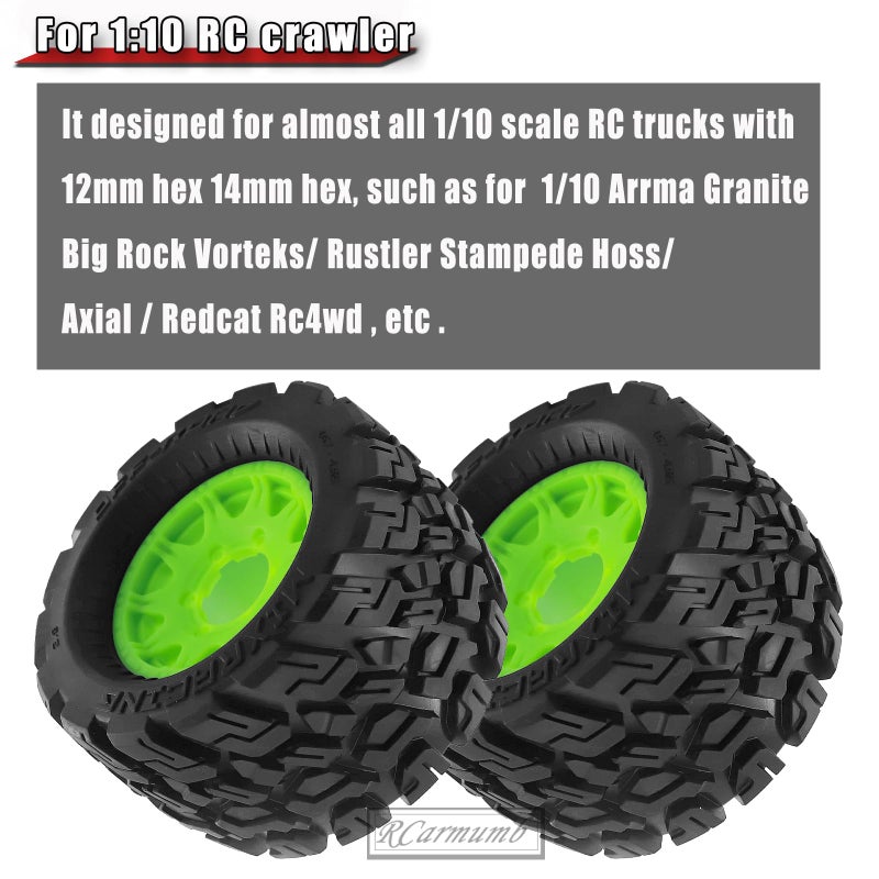 Rcarmumb RC Truck Wheel Tires for 1/10 Rustler Stampede Hoss,Arrm a Granite Vorteks Big Rock,Axial Losi Redcat Rc4wd,12mm/14mm Hex Rc Truck Tires,4pcs,Green - Image 2